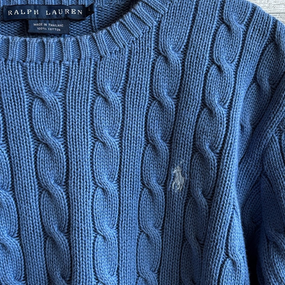 Ralph Lauren Women's Cable-Knit Cotton Crewneck Blue Sweater women’s Large - Picture 4 of 7